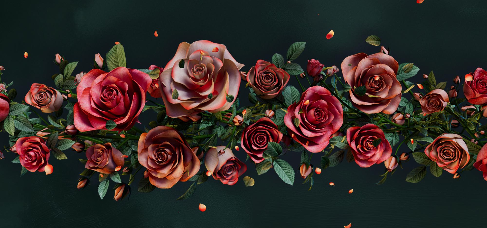 Red and pink toned roses with leaves flourish on a green textured background 