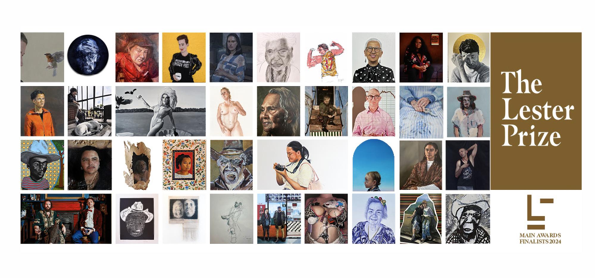 A mosaic of artistic portraits of people in various colours and styles in a grid formation. A gold banner on the right contains the words The Lester Prize Main Awards Finalists 2024