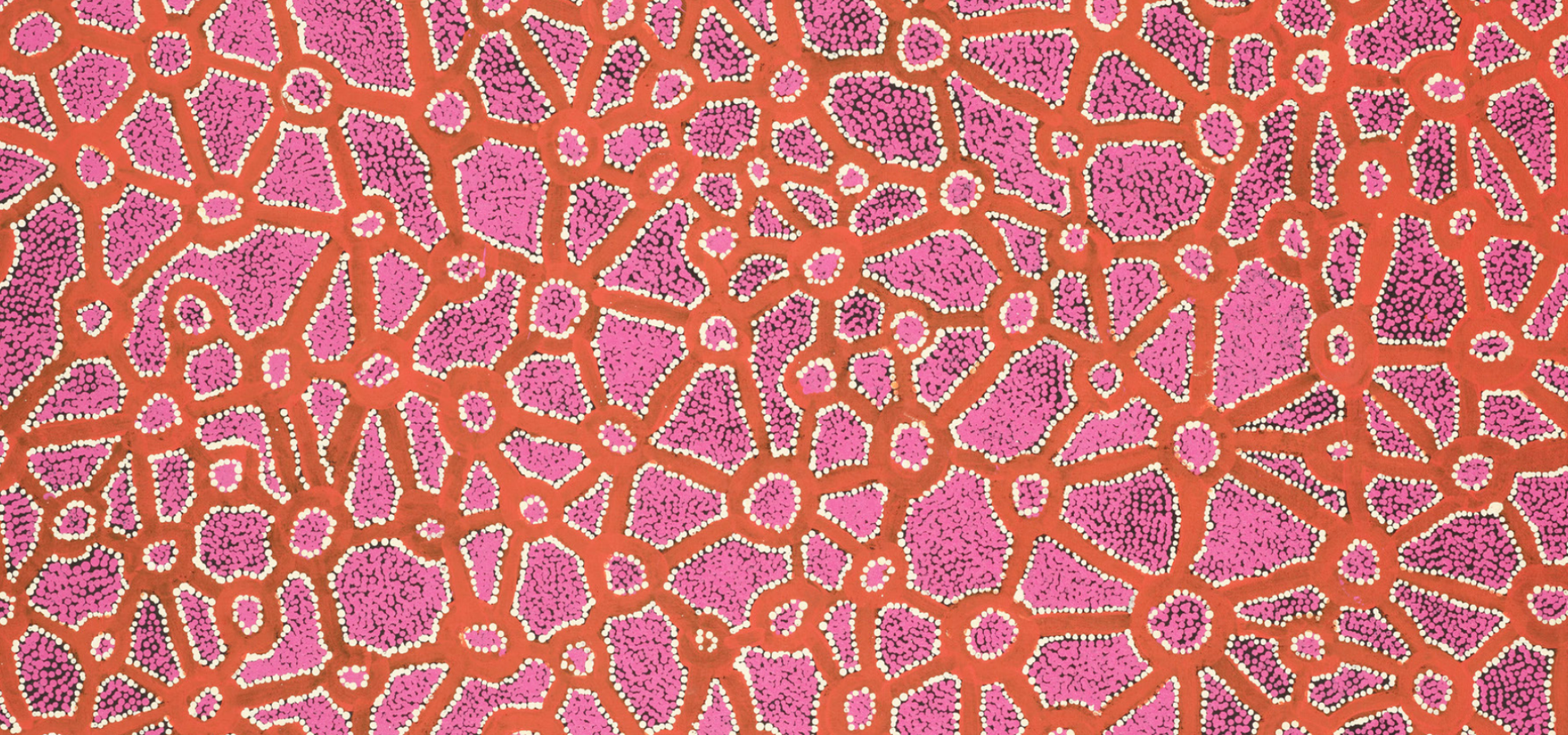 Bright pink and orange Aboriginal dot painting by Fred Grant, Puyartu 2008.