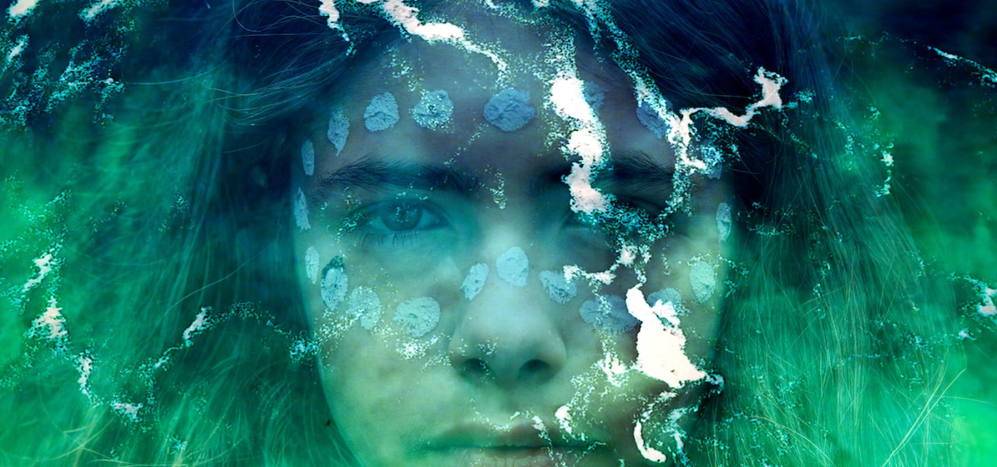 Young girl captured in a portrait, adorned with traditional face painting, layered with an aerial view of water, blending culture and nature in a single image.