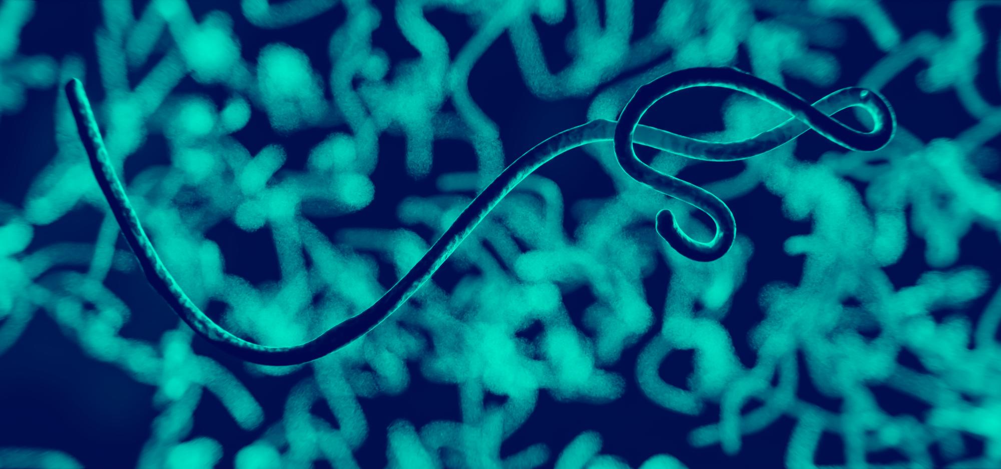 Microscopic view of a teal, helical strand against a dark blue background.