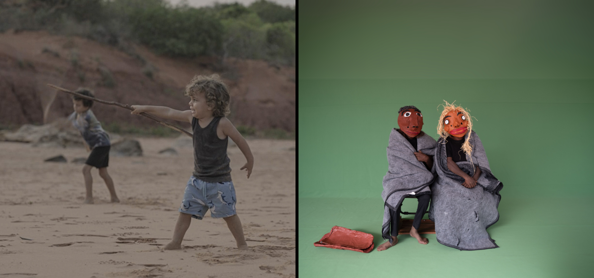 Two stills from Digital Art Project films. The first features two Aboriginal boys playing on the beach, the second two clay models against a green screen.