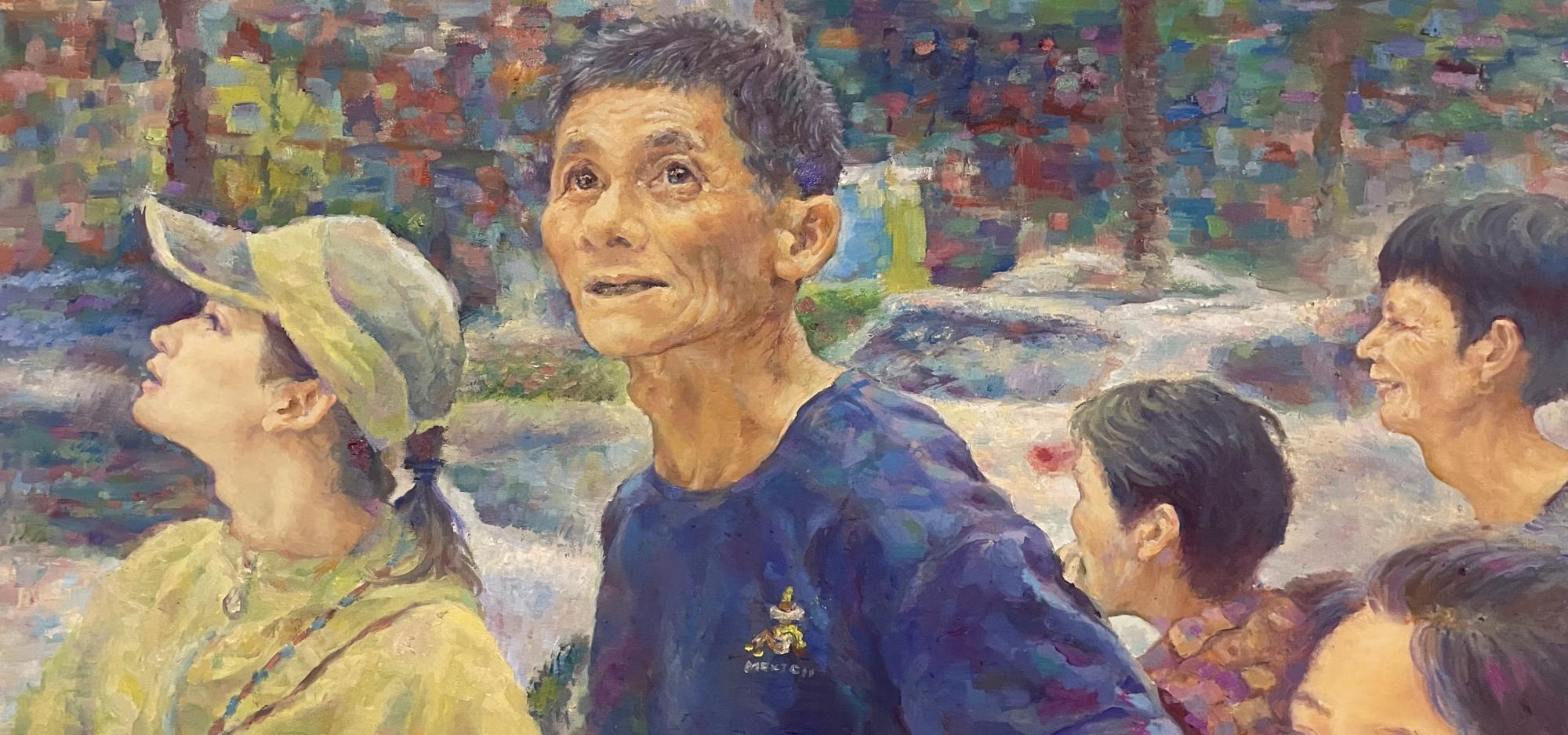A group of five people looking upward in a colourful, textured painting.