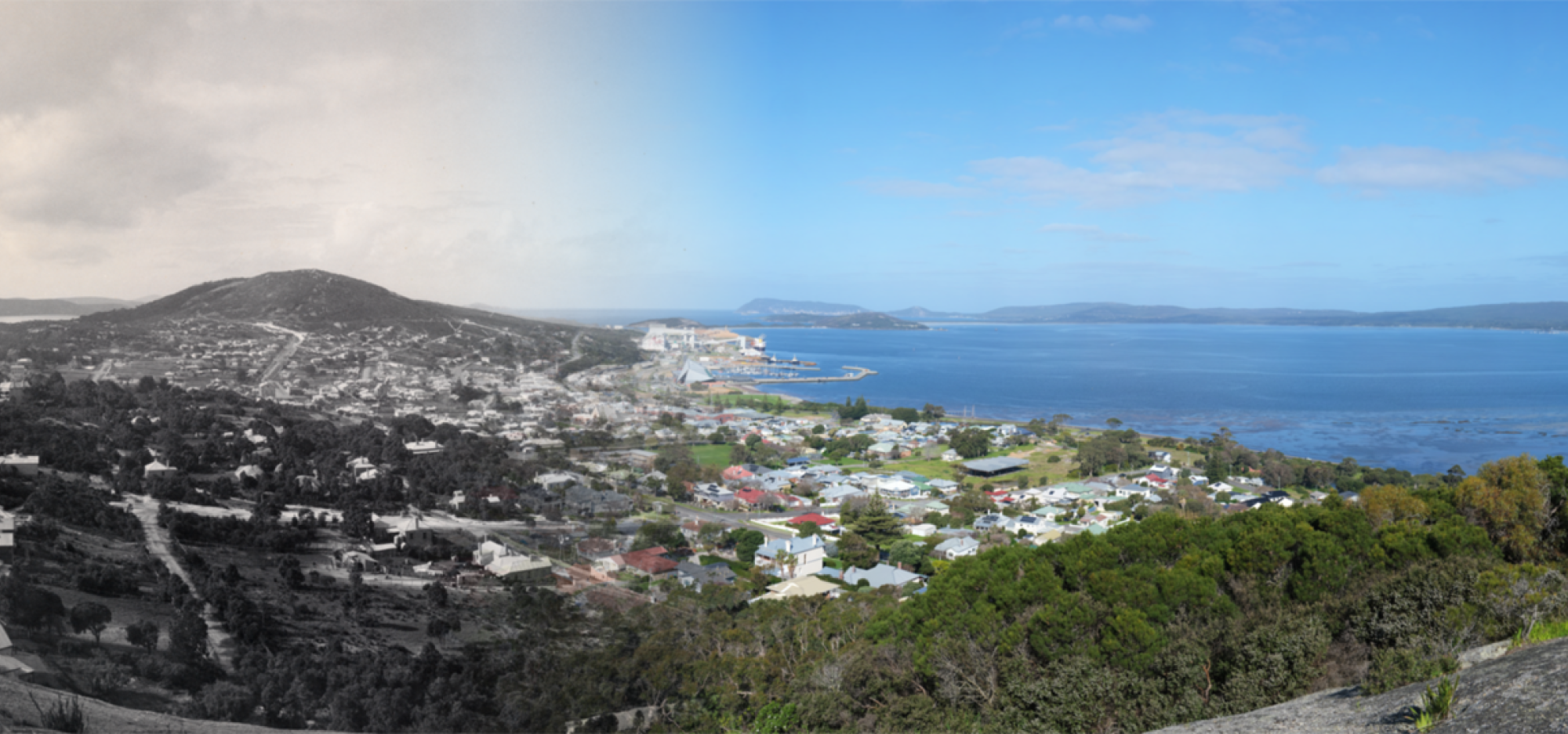 a blended image of a landscape with left hnd side archival black and white and right hand side in colour 