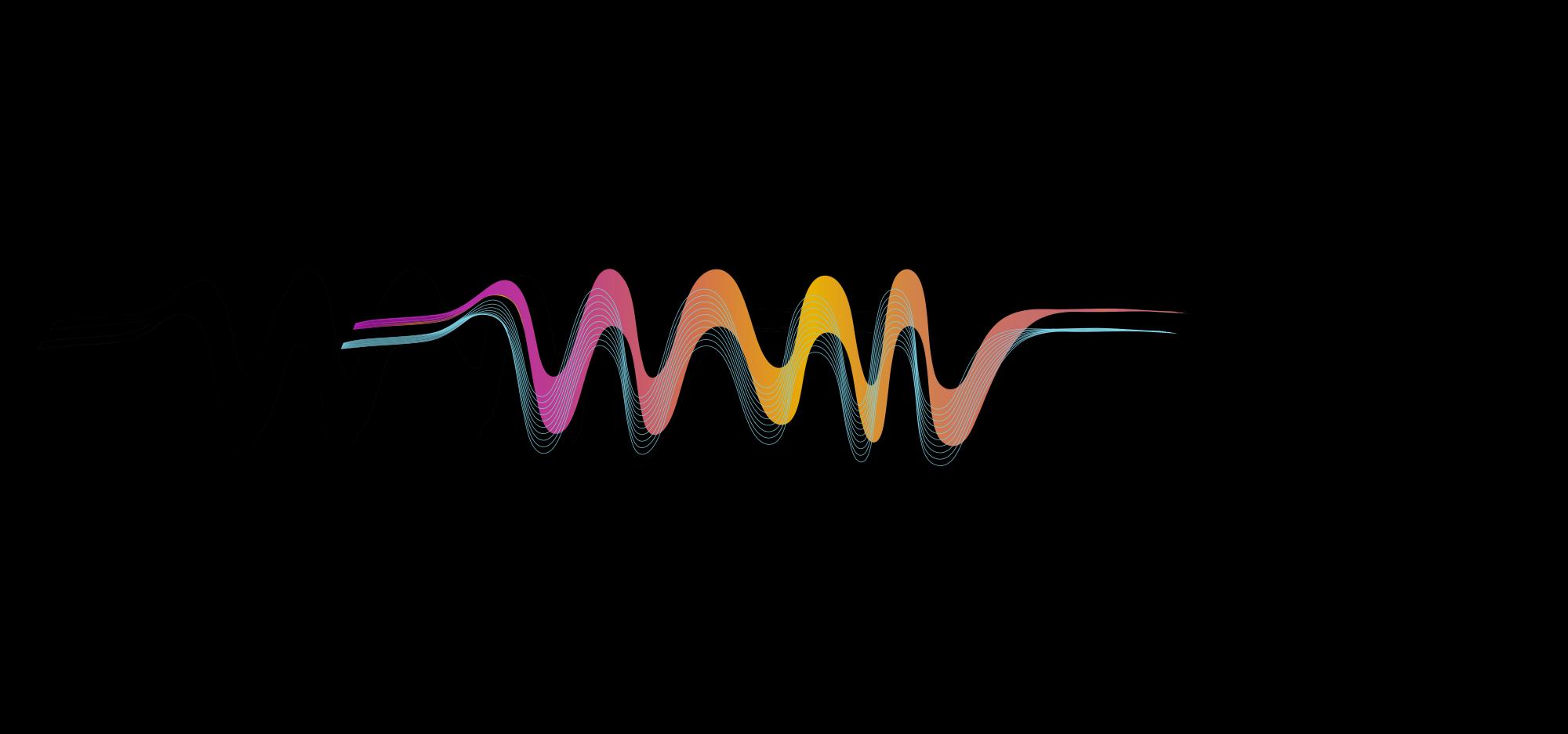  stylised audio waveform on a black background, with smooth wavy peaks and troughs that shift through colours including pink, orange, yellow and teal.