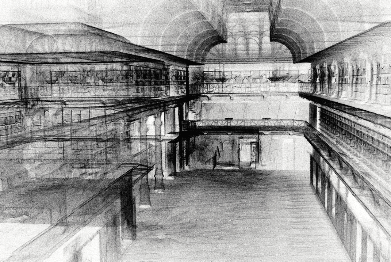 A black and white rendering of a WA Museum gallery