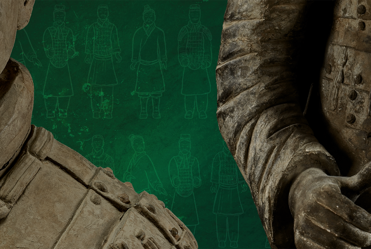 Close-up view of two Terracotta Warrior statues with a green background featuring faint line drawings of similar figures