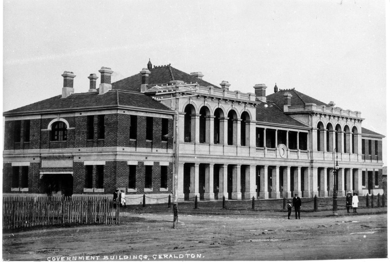 Black and white photo of a large building