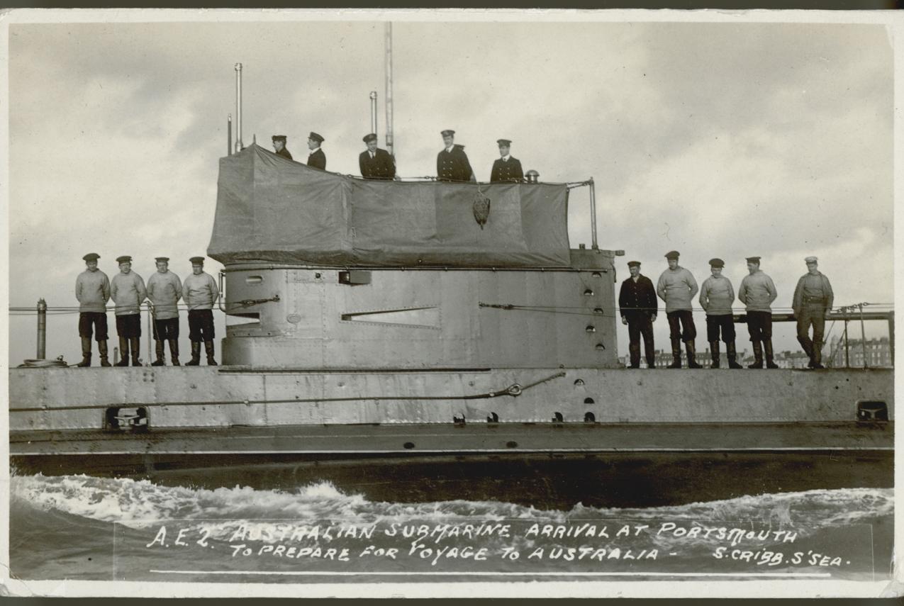 Australian submarine AE2 with crew on deck at Portsmouth, 1914. ANMM Collection gift from Mrs D Smyth.