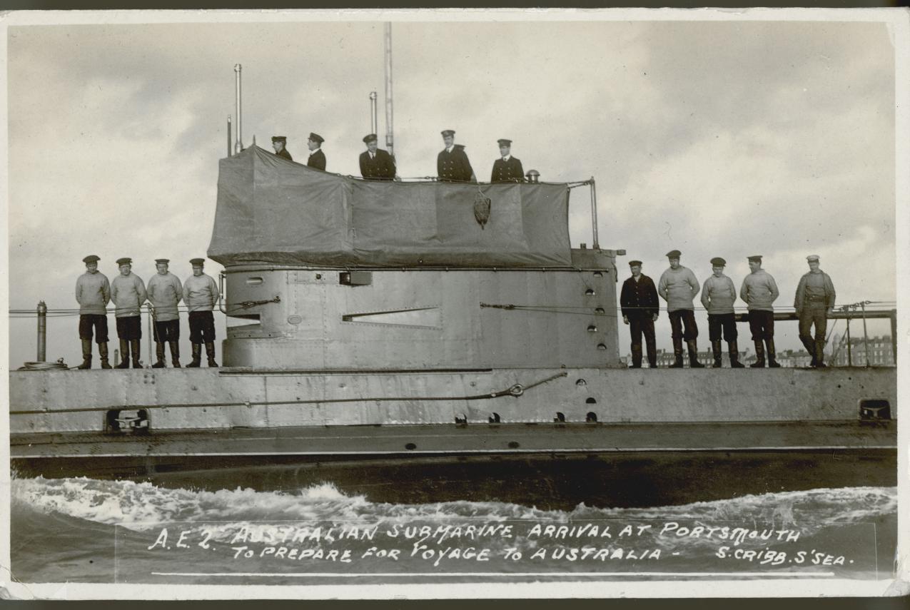 Australian submarine AE2 with crew on deck at Portsmouth, 1914.