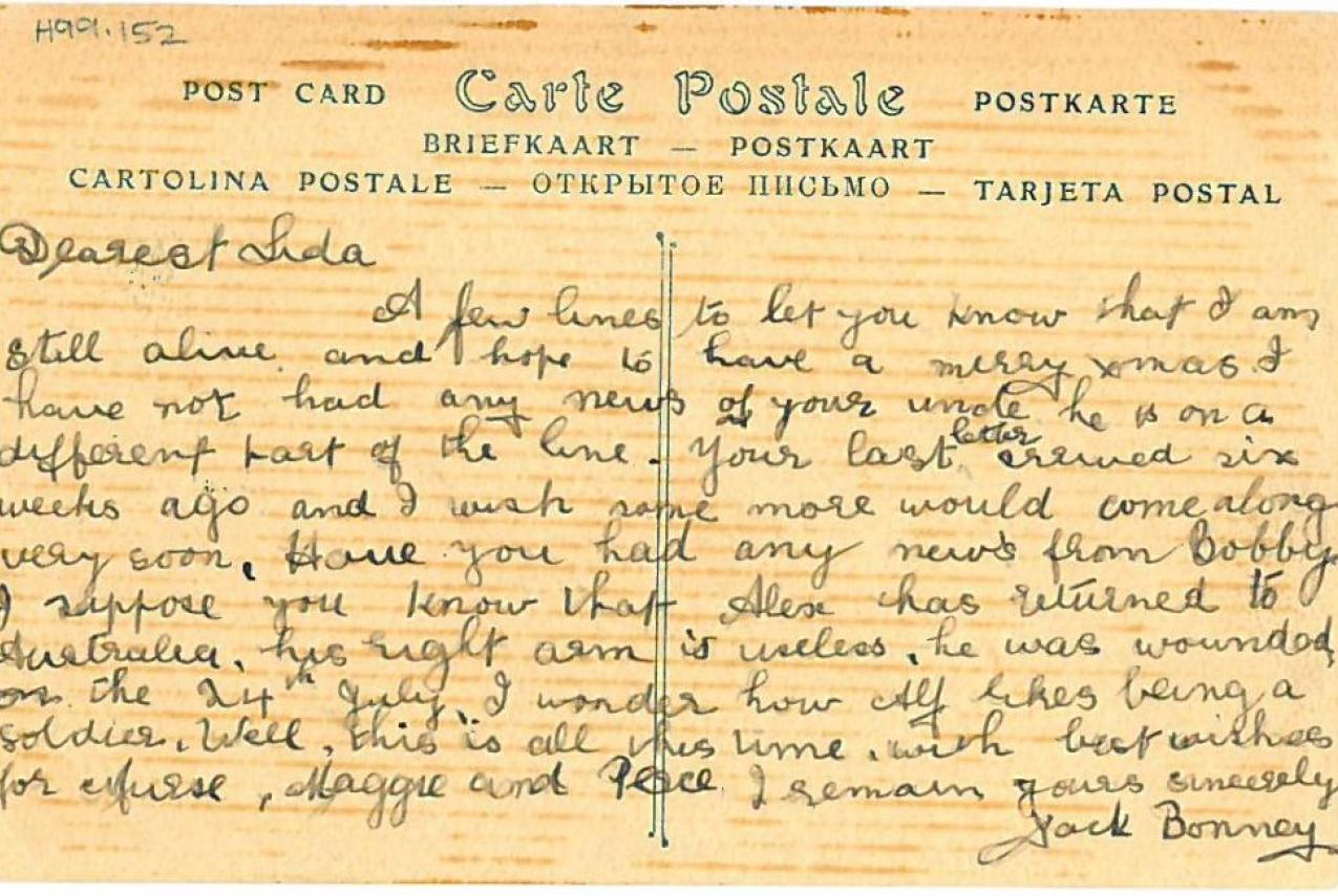 A postcard from Jack Bonney to Eliza ‘Lida’ Jane Downey
