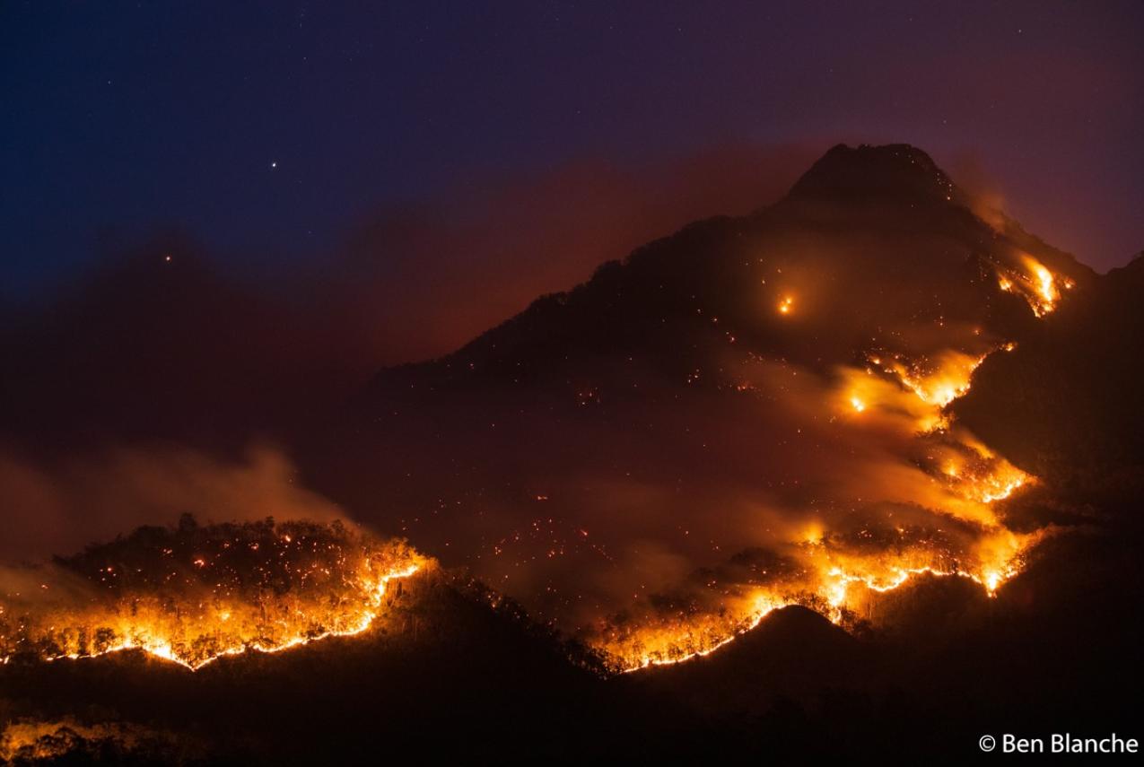 A fire burning at Mt Barney National Park