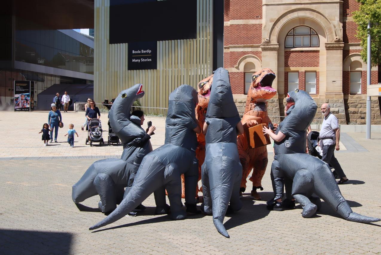 A group of inflatable dinosaurs outside Boola Bardip