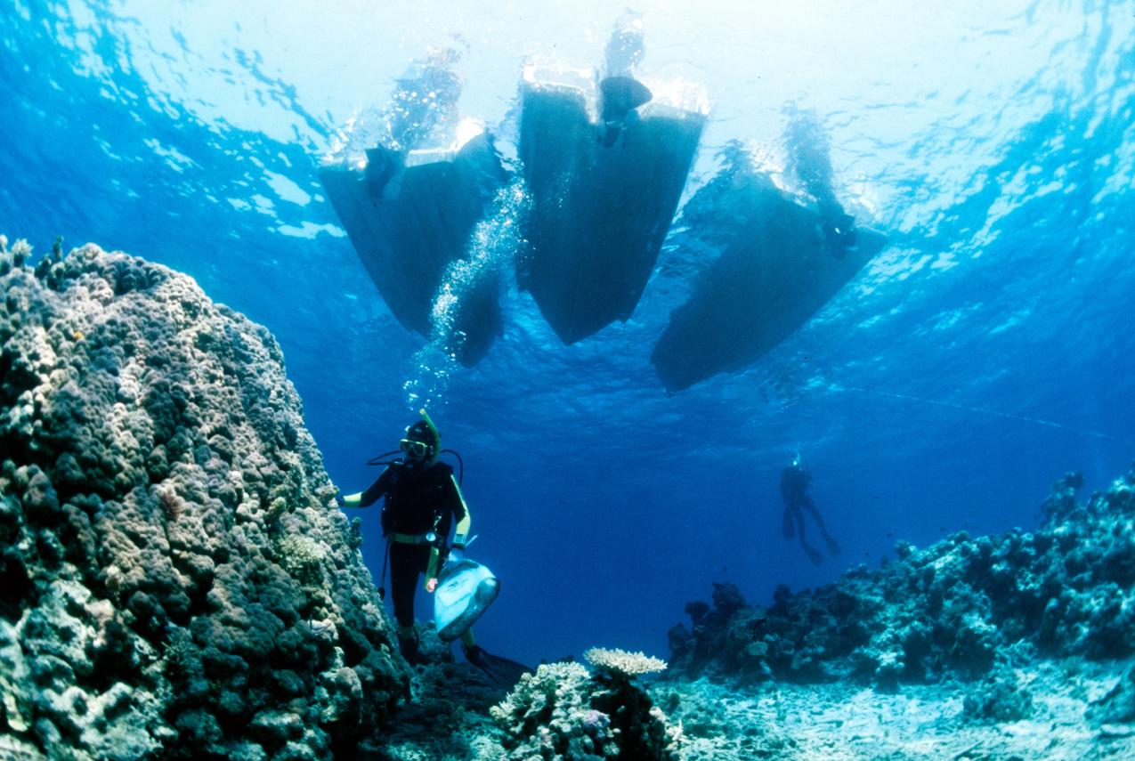 A diver leaping off a boat onto a Kimberley reef