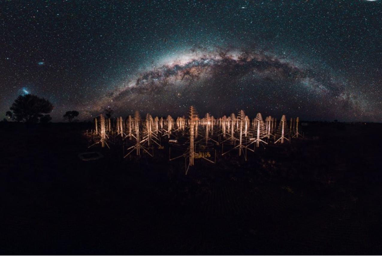 The Milky Way over prototype antennas for the SKA at Inyarrimanha Ilgari Bundara, the CSIRO Murchison Radio-astronomy Observatory. We acknowledge the Wajarri Yamaji as the traditional owners of the Observatory site.