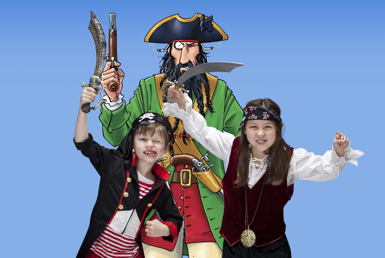 Children dressed up as pirates with one of the characters from Horrible Histories