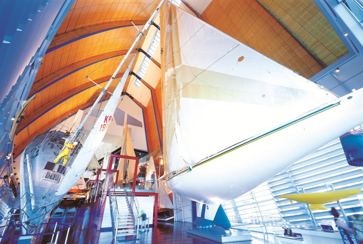 Parry Endeavour (left) on display at the WA Maritime Museum alongside Australia II