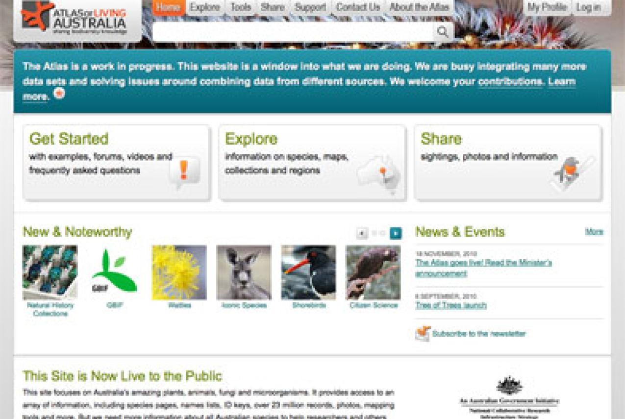 Screen grab of the homepage to the Atlas of Living Australia