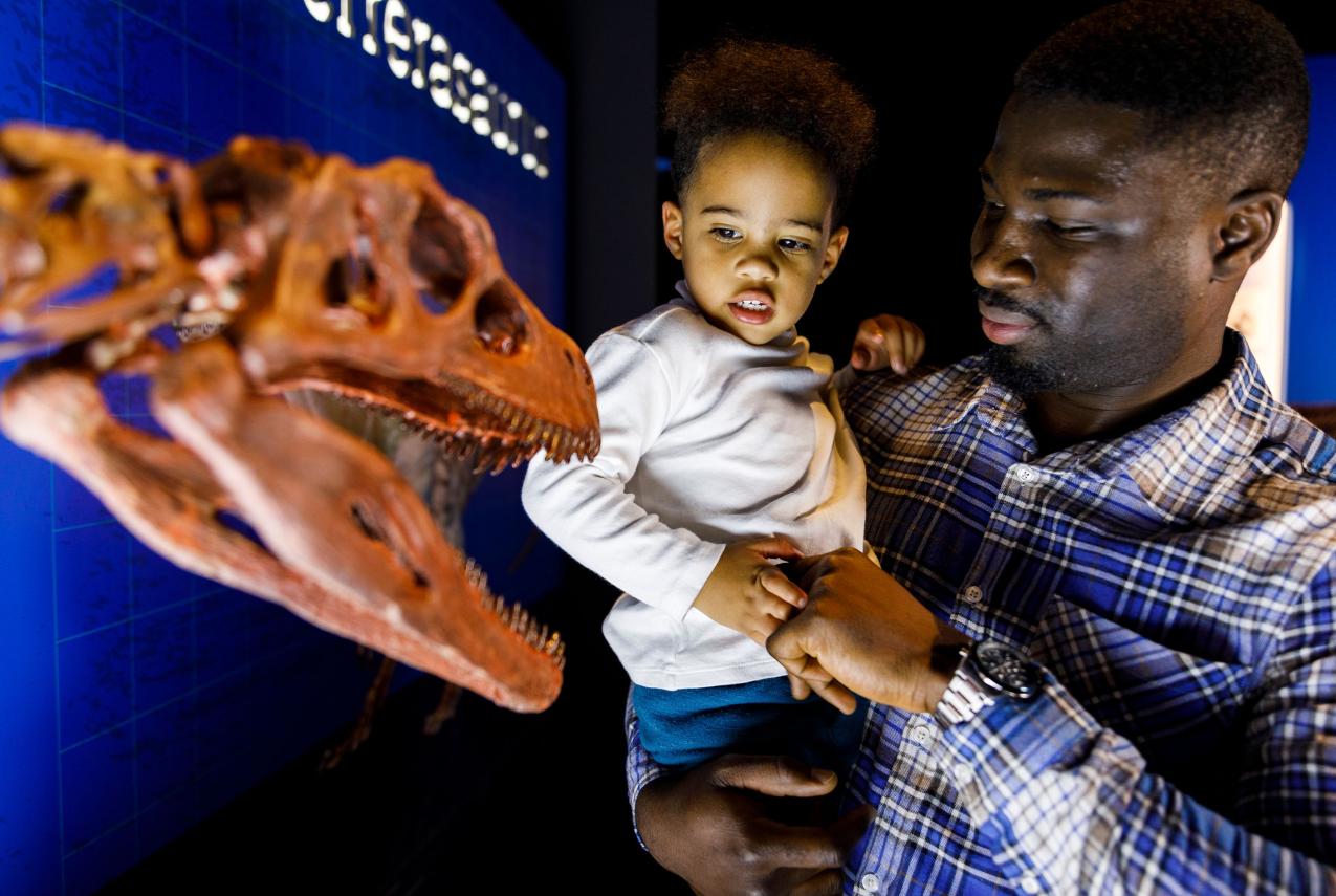 Father and child enjoying school holidays at the WA Museum