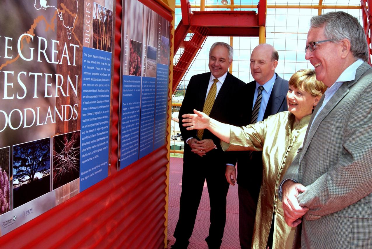 A group of people being shown a wall-display for an exhibition