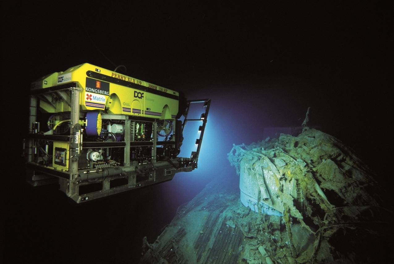 A remotely operated vehicle being used to take photo and video images of the wreck of HMAS Sydney II. Image courtesy Curtin University and the WA Museum
