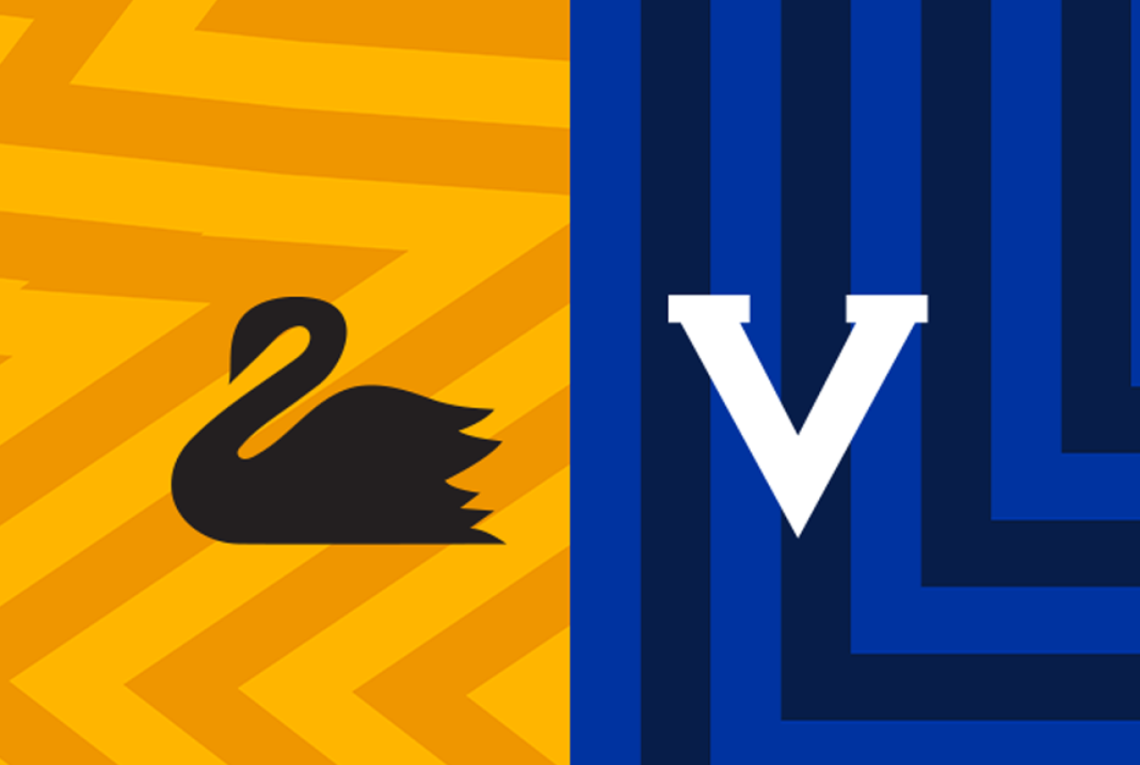 A black swan on a yellow and orange zig zag pattern next to a white V on a light and dark blue striped background