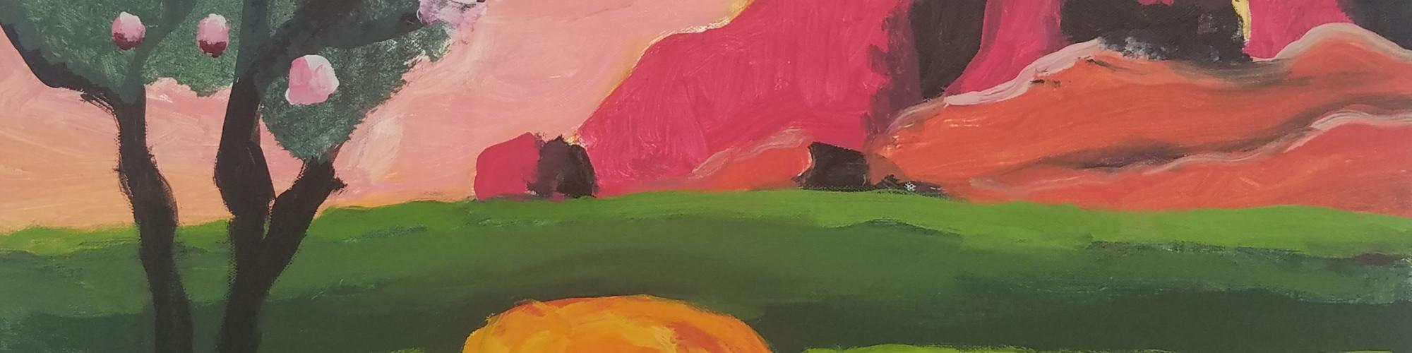 A vibrant impressionistic painting of a green meadow and sunlit cliffs