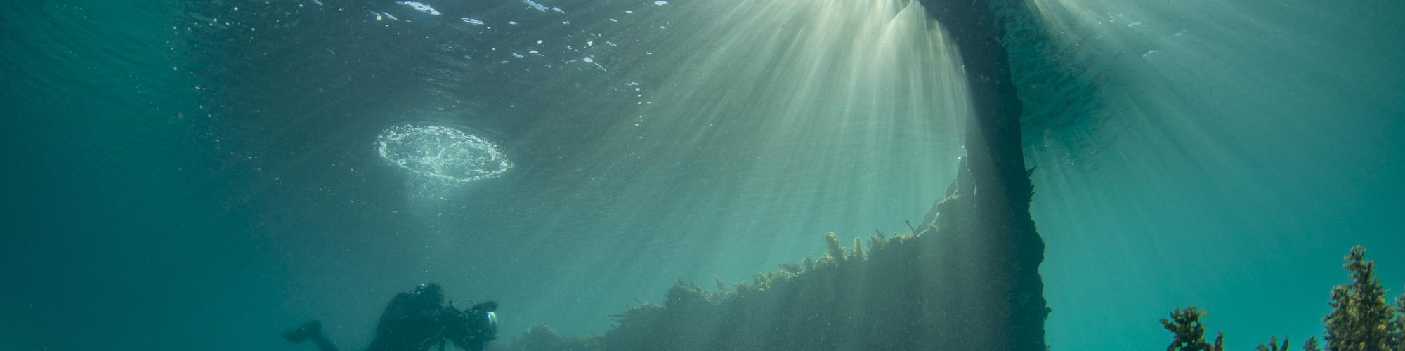An underwater photograph of a diver swimming towards a shipwreck