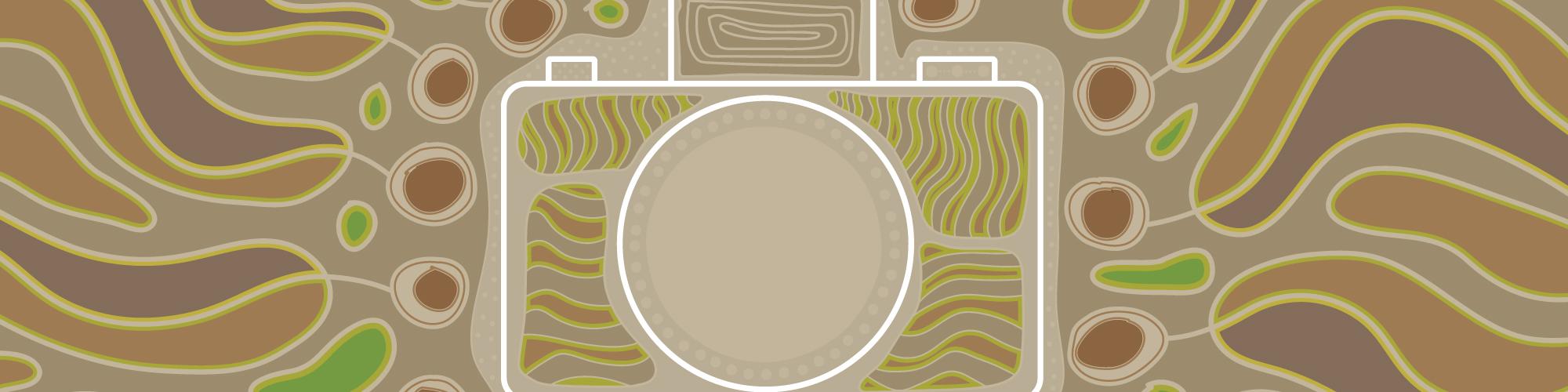 A stylised artwork with a line-drawing image of a camera in the centre