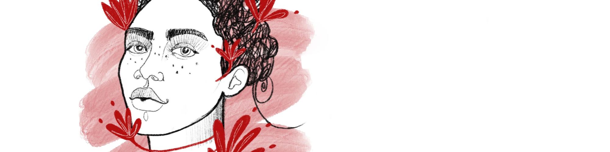A black and white drawing of woman with curly black hair, large eyes and eyelashes, and freckles. They stare into the camera with their lips slightly pursed in front of a colourful peach background, surrounded by red flowers with the words Women in Bloom written on the right 