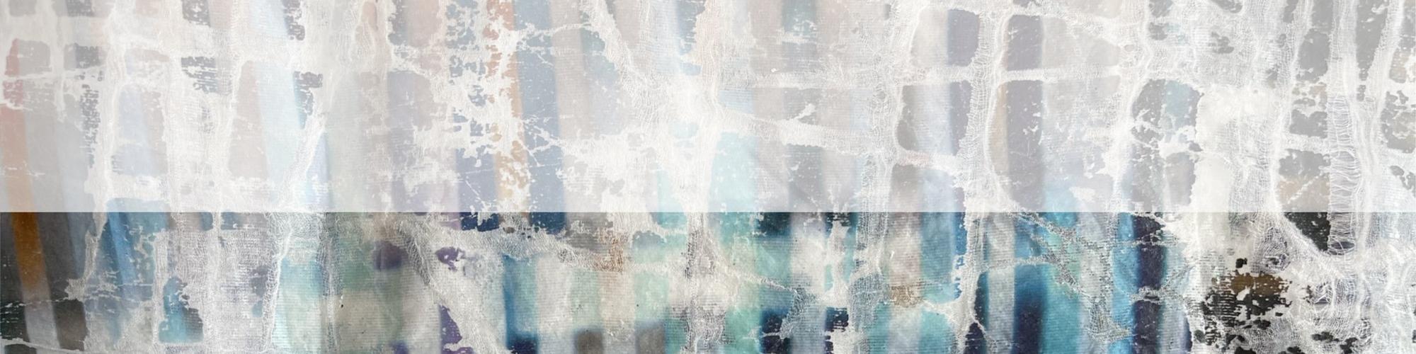 an image of a canvas artwork with hues of blues, browns. white lines go across vertically and horizontally 