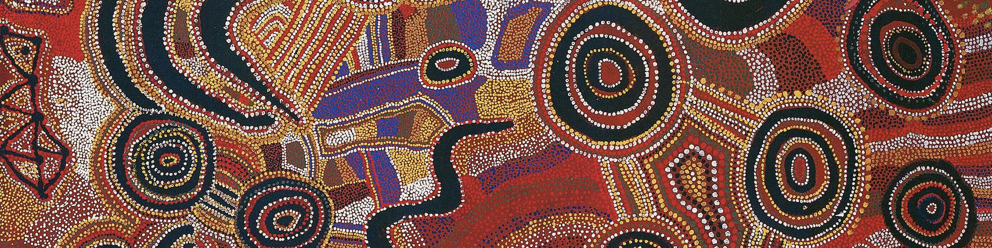 An intricately coloured Aboriginal painting featuring vivid red purple yellow and white dots surrounding symbolic black drawings of lines concentric circles and snake-like creatures