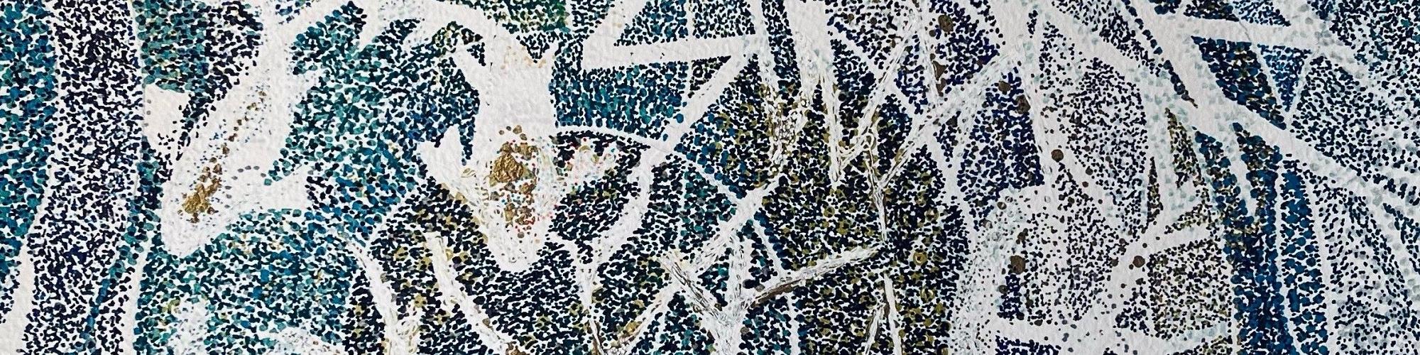 An artwork with a background of subdued blue green and brown colours with the shapes of small koi fish and tree roots overlaid in white 
