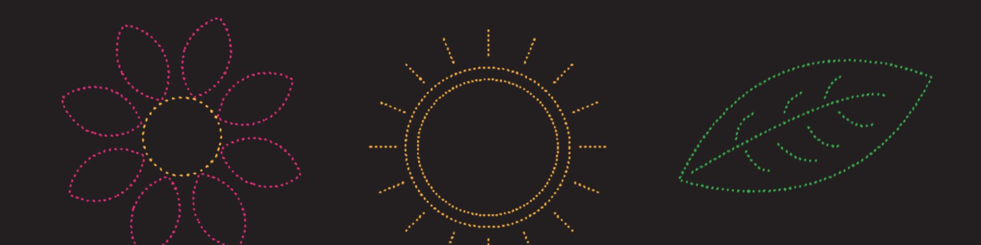 a dark background with artwork, a flower, a sun and a leaf