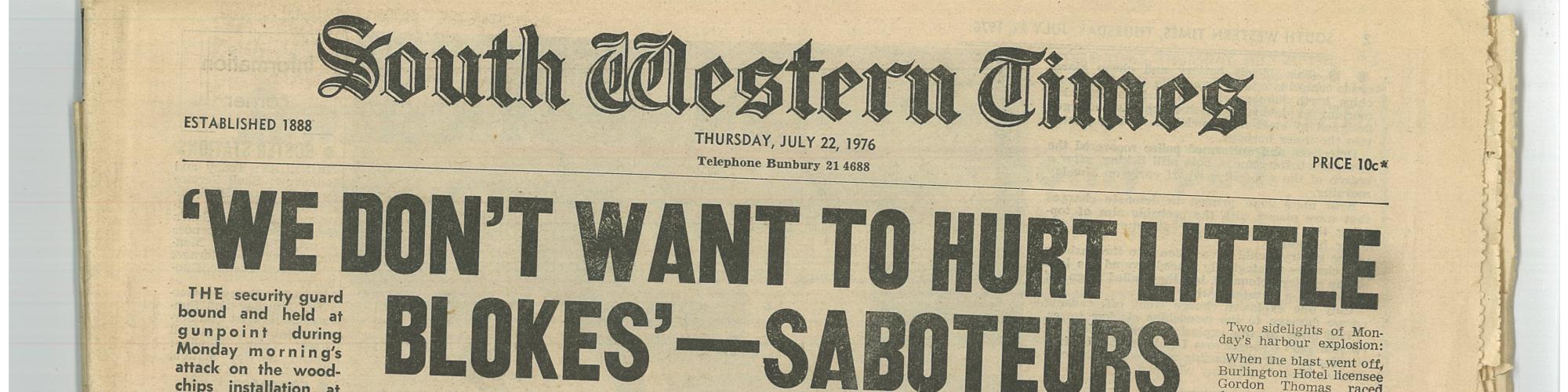 A newspaper clipping with headline Hooded Saboteurs' mistake saves chip berth