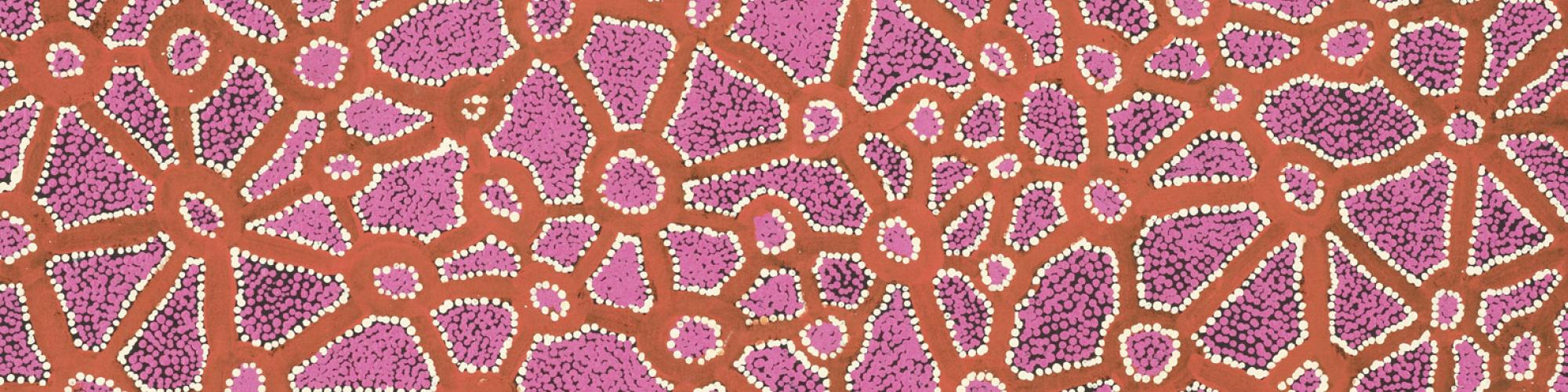 Bright pink and orange Aboriginal dot painting by Fred Grant, Puyartu 2008.