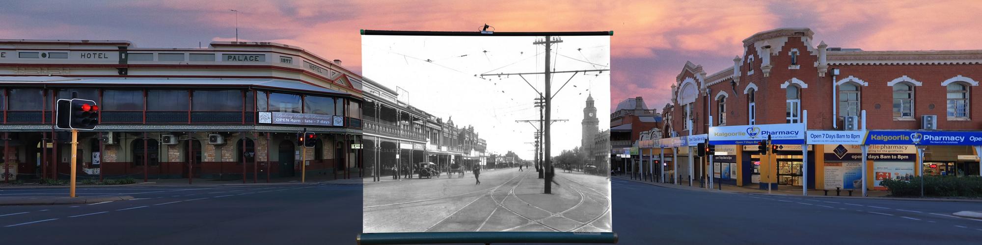 A street intersection with a screen in the middle of the street displaying old section