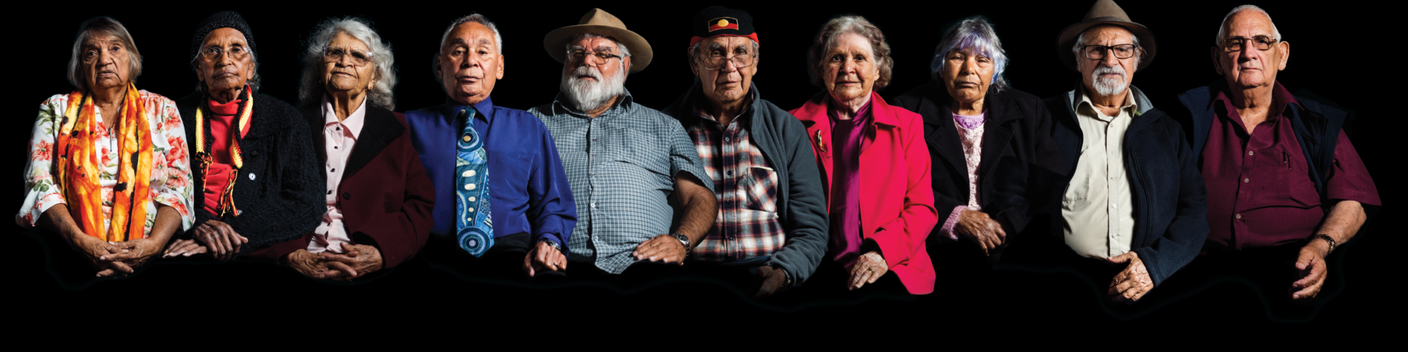Ten Nyoongar elders in variously coloured clothing are pictured from their torso up superimposed on a black background 
