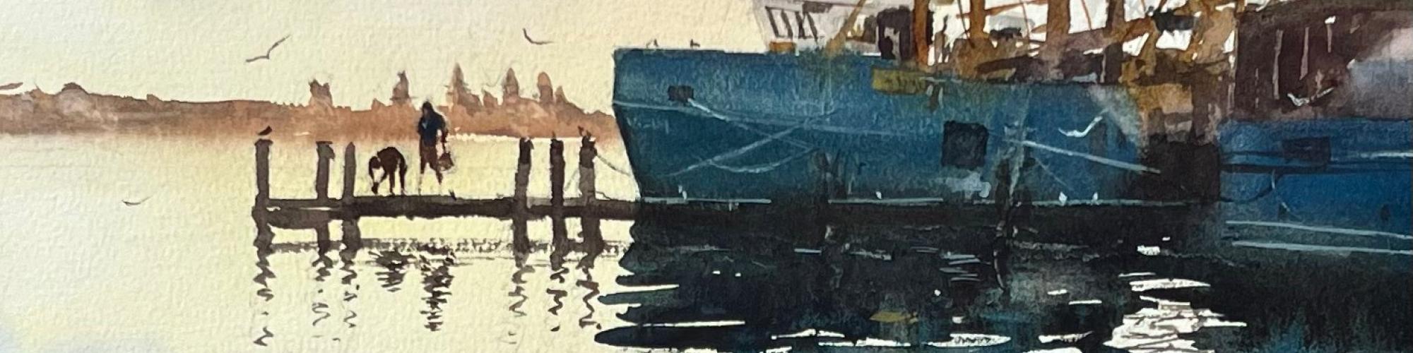 Water colour painting showing two blue fishing boats in the harbour on still water and two men working on the jetty next to one of the boats