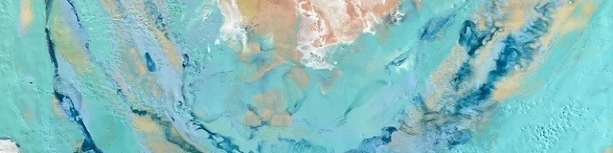 a brightly coloured painting of blue and light colour swirls