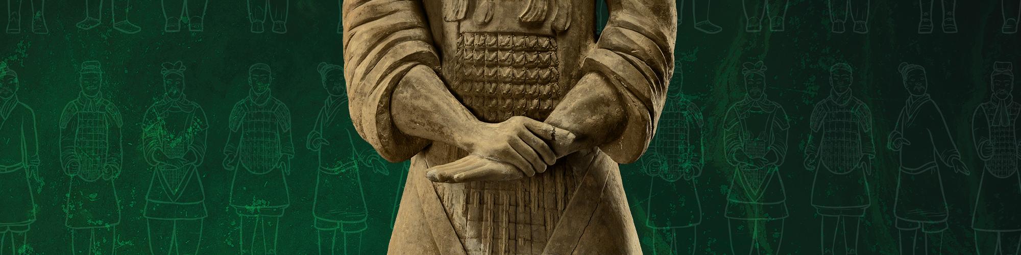 A terracotta warrior statue against a dramatic dark green background