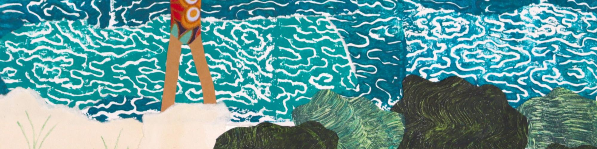 a mixed media artwork depicting a storm with  person walking 