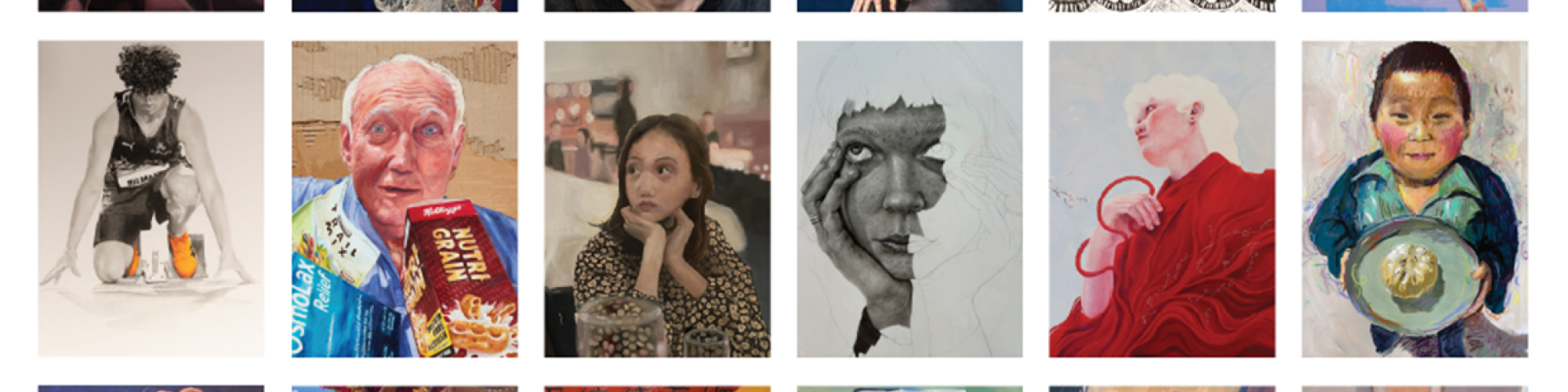 Grid of colourful figurative artworks showing painted and drawn portraits and figures in varied styles, arranged in rows against a white background.