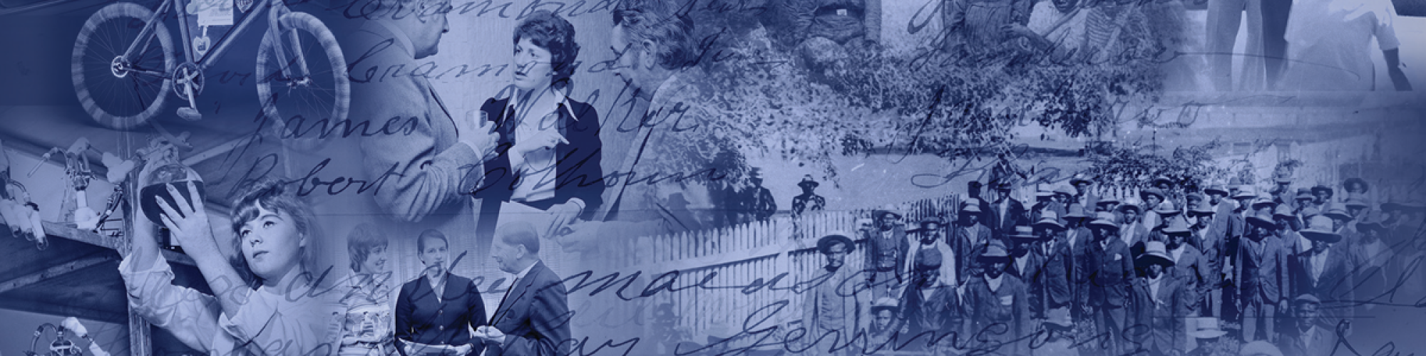 a collage of imagery of people, objects and writing overlay on top