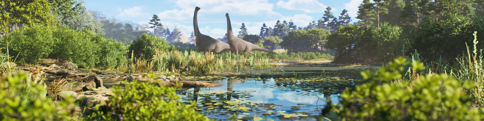 Lush green landscape with dinosaurs in the distance