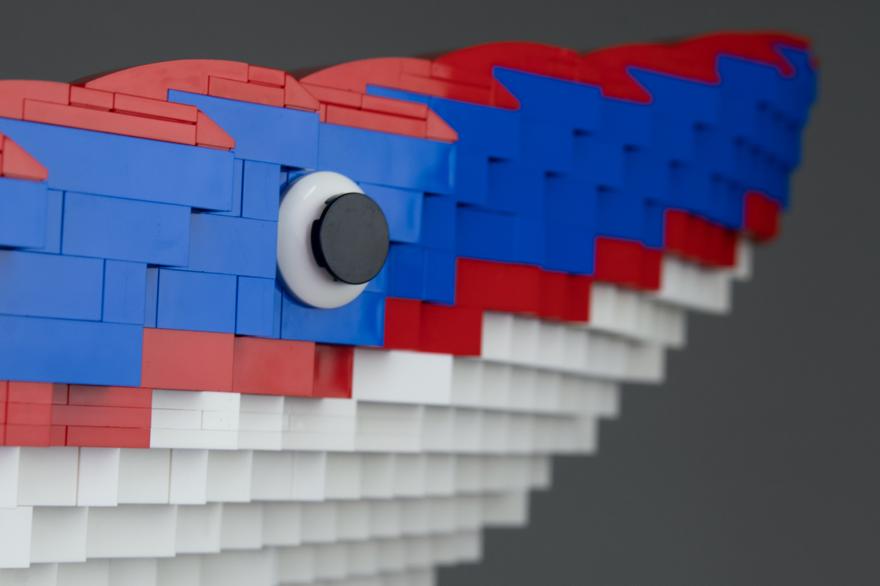 A close-up view of a LEGO model of the bow of the Shinan wreck