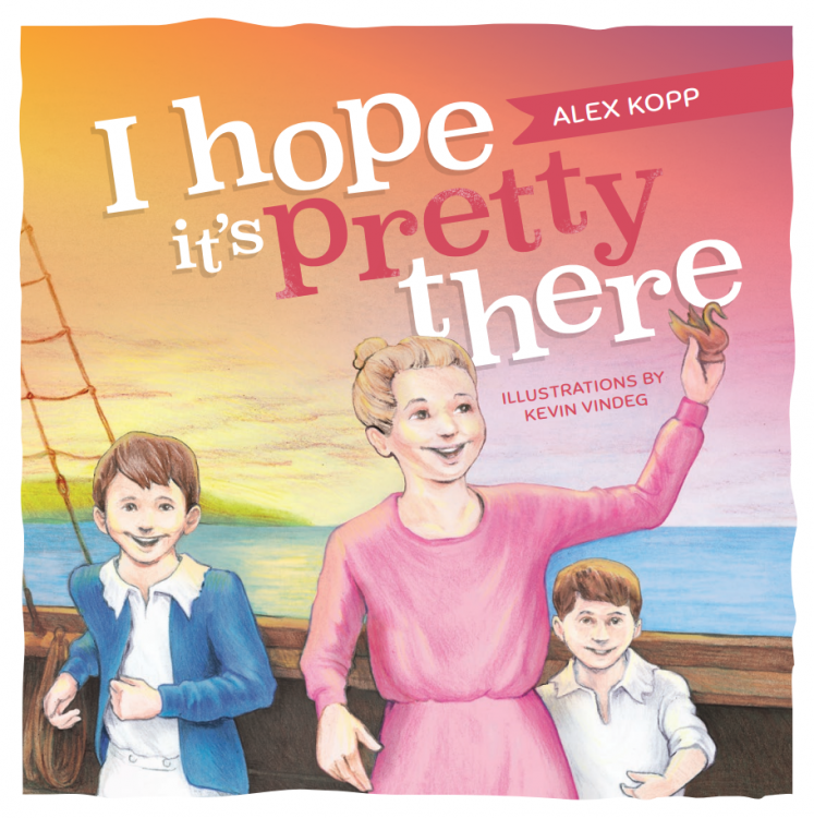 An illustrated book cover shows a woman and two children aboard a boat with a pink and orange sky in the background.