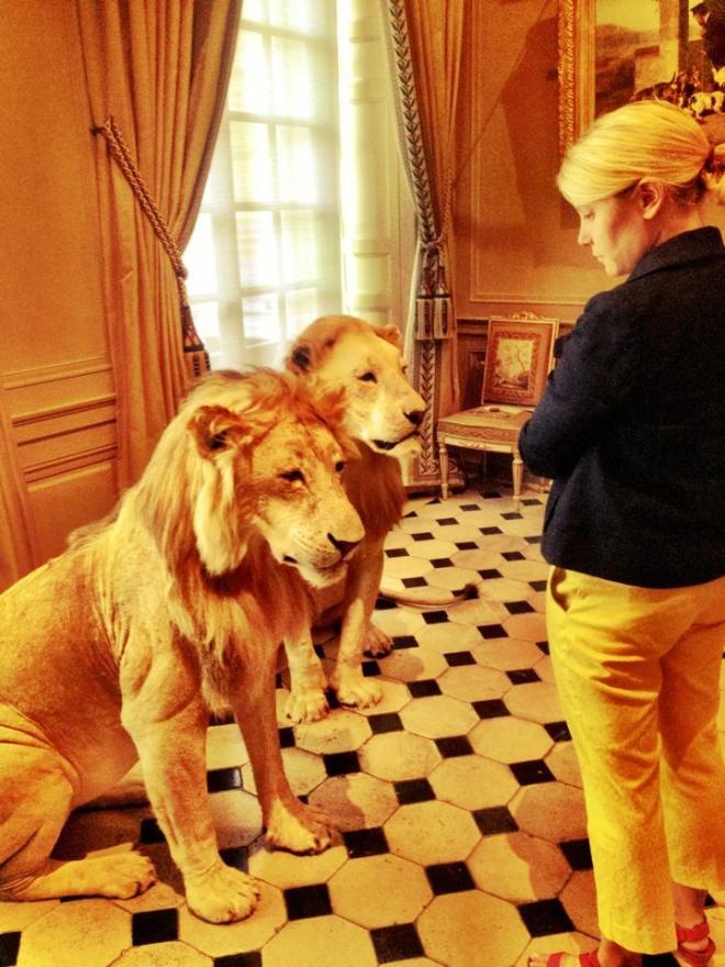 A woman stands in a room with an intricate tiled floor examining a display of two taxidermied lions