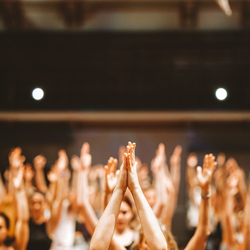 A large group of yoga practitioners raise their hands in prayer position