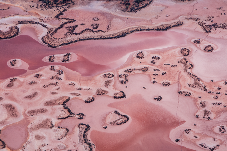 An aerial photograph of pink salt lakes